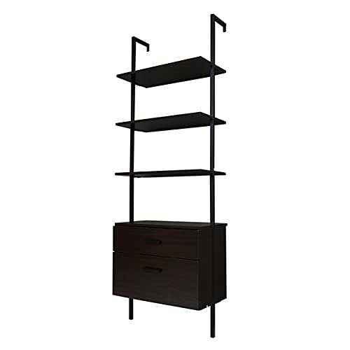 Industrial Bookshelf with Wood Drawers and Matte Steel Frame,Wood Metal Ladder Bookshelf, Industrial 5-Tier Black Bookcase with Storage Cabinet,for Living Room, Shelves for Storage Bedroom