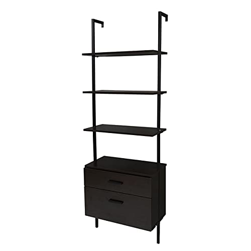 Industrial Bookshelf with Wood Drawers and Matte Steel Frame,Wood Metal Ladder Bookshelf, Industrial 5-Tier Black Bookcase with Storage Cabinet,for Living Room, Shelves for Storage Bedroom