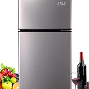 KRIB BLING 3.5 Cu.ft Compact Refrigerators with Freezer, Mini Fridge with 7 Level Temp Adjustable Thermostat, Small Fridge for Apartment, Office, Basement, Silver