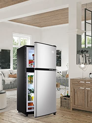 KRIB BLING 3.5 Cu.ft Compact Refrigerators with Freezer, Mini Fridge with 7 Level Temp Adjustable Thermostat, Small Fridge for Apartment, Office, Basement, Silver