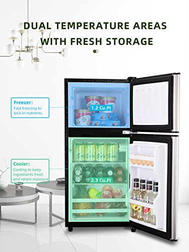 KRIB BLING 3.5 Cu.ft Compact Refrigerators with Freezer, Mini Fridge with 7 Level Temp Adjustable Thermostat, Small Fridge for Apartment, Office, Basement, Silver