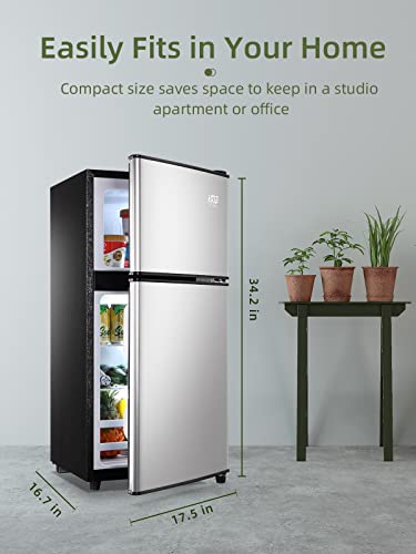 KRIB BLING 3.5 Cu.ft Compact Refrigerators with Freezer, Mini Fridge with 7 Level Temp Adjustable Thermostat, Small Fridge for Apartment, Office, Basement, Silver