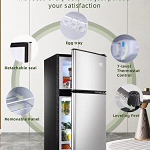 KRIB BLING 3.5 Cu.ft Compact Refrigerators with Freezer, Mini Fridge with 7 Level Temp Adjustable Thermostat, Small Fridge for Apartment, Office, Basement, Silver