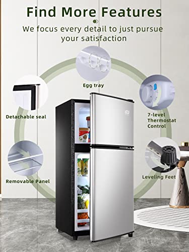 KRIB BLING 3.5 Cu.ft Compact Refrigerators with Freezer, Mini Fridge with 7 Level Temp Adjustable Thermostat, Small Fridge for Apartment, Office, Basement, Silver