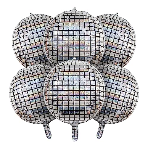 6 PCS Disco Ball Balloons Silver Disco Mylar Foil Balloons 22 Inch Huge 4D Round Metallic Sphere Disco Party Balloons for 70s 80s 90s Party Decorations Birthday Bachelorette Party Graduation