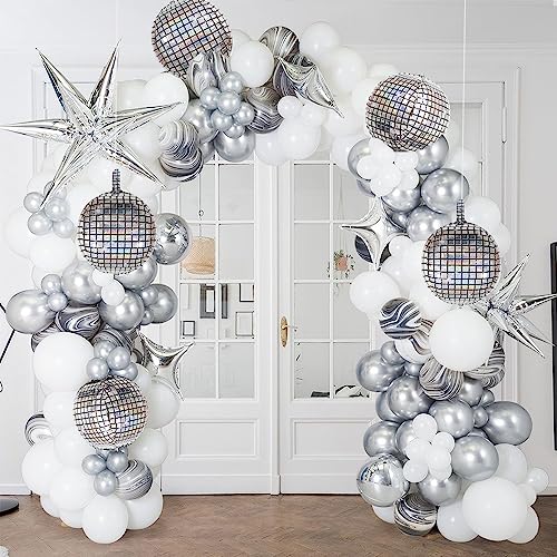 6 PCS Disco Ball Balloons Silver Disco Mylar Foil Balloons 22 Inch Huge 4D Round Metallic Sphere Disco Party Balloons for 70s 80s 90s Party Decorations Birthday Bachelorette Party Graduation