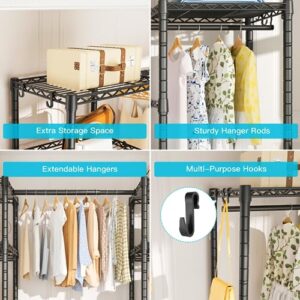 Ulif E7 Heavy Duty Garment Rack, Freestanding Clothes Organizer and Storage Rack with Expandable Hangers Rods, Metal Portable Closets with 6 Wire Shelves, (52.3”-72”)W x 14.5”D x 71.2”H, Load 740 LBS