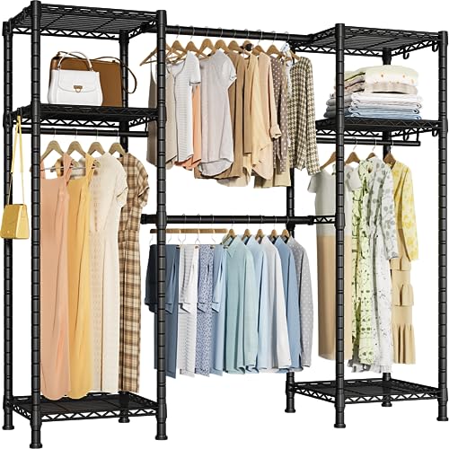 Ulif E7 Heavy Duty Garment Rack, Freestanding Clothes Organizer and Storage Rack with Expandable Hangers Rods, Metal Portable Closets with 6 Wire Shelves, (52.3”-72”)W x 14.5”D x 71.2”H, Load 740 LBS