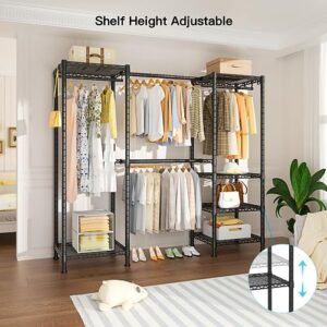 Ulif E7 Heavy Duty Garment Rack, Freestanding Clothes Organizer and Storage Rack with Expandable Hangers Rods, Metal Portable Closets with 6 Wire Shelves, (52.3”-72”)W x 14.5”D x 71.2”H, Load 740 LBS