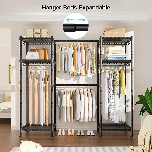 Ulif E7 Heavy Duty Garment Rack, Freestanding Clothes Organizer and Storage Rack with Expandable Hangers Rods, Metal Portable Closets with 6 Wire Shelves, (52.3”-72”)W x 14.5”D x 71.2”H, Load 740 LBS
