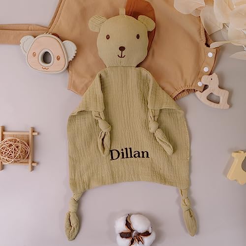 TYRY.HU Personalized Security Blanket with Name, Embroidered Baby Comforter, Organic Cotton Muslin Lovey Security Blanket, Soft & Breathable Lovie Baby Gifts for Boys and Girls, Bear(Brown)