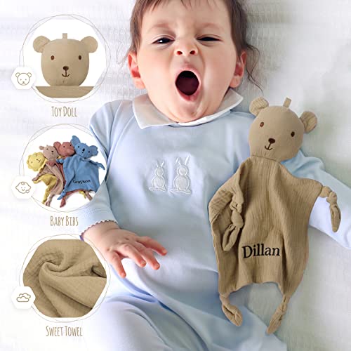 TYRY.HU Personalized Security Blanket with Name, Embroidered Baby Comforter, Organic Cotton Muslin Lovey Security Blanket, Soft & Breathable Lovie Baby Gifts for Boys and Girls, Bear(Brown)