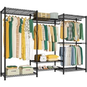 ulif e8 heavy-duty garment rack, freestanding extra large clothes rack with 7 wire shelves and 4 hanger rods, closet organizers and storage system, 86.6"w x 14.5"d x 71.6"h, max load 880 lbs, black