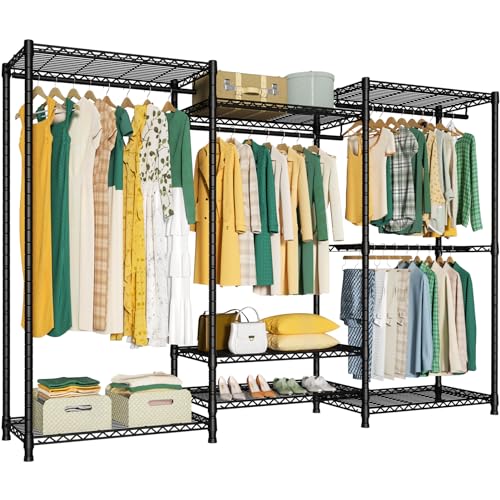 Ulif E8 Heavy-Duty Garment Rack, Freestanding Extra Large Clothes Rack with 7 Wire Shelves and 4 Hanger Rods, Closet Organizers and Storage System, 86.6"W x 14.5"D x 71.6"H, Max Load 880 LBS, Black