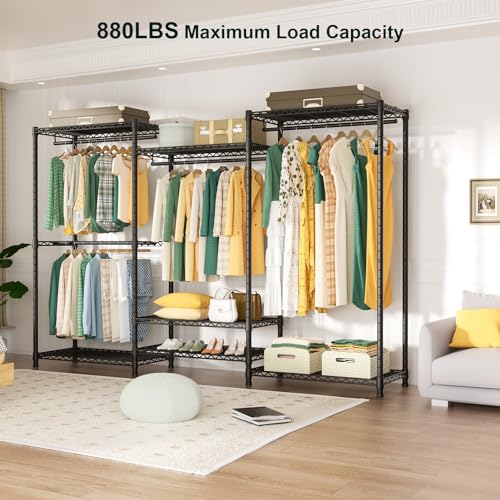 Ulif E8 Heavy-Duty Garment Rack, Freestanding Extra Large Clothes Rack with 7 Wire Shelves and 4 Hanger Rods, Closet Organizers and Storage System, 86.6"W x 14.5"D x 71.6"H, Max Load 880 LBS, Black