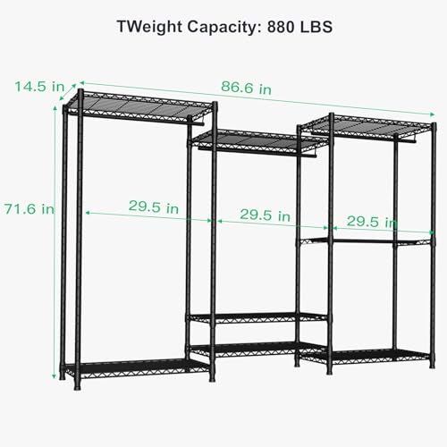 Ulif E8 Heavy-Duty Garment Rack, Freestanding Extra Large Clothes Rack with 7 Wire Shelves and 4 Hanger Rods, Closet Organizers and Storage System, 86.6"W x 14.5"D x 71.6"H, Max Load 880 LBS, Black