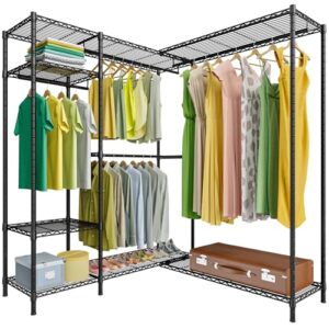 ulif l2 heavy duty l-shaped garment rack, 5-tier freestanding clothes rack with shelves, closet organizer storage system for corner and small bedroom, 44"w x 43.3"l x 77.6"h, max load 802 lbs, black