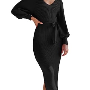 Chriselda Black Sweater Dress for Women Casual Long Sleeve V Neck Side Slit Knit Ribbed Midi Bodycon Dresses Winter Wedding Guest Dresses,Black, M
