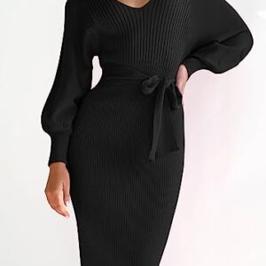 Chriselda Black Sweater Dress for Women Casual Long Sleeve V Neck Side Slit Knit Ribbed Midi Bodycon Dresses Winter Wedding Guest Dresses,Black, M