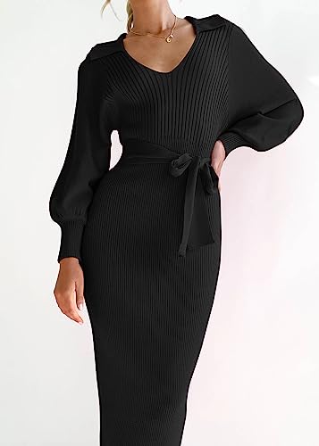 Chriselda Black Sweater Dress for Women Casual Long Sleeve V Neck Side Slit Knit Ribbed Midi Bodycon Dresses Winter Wedding Guest Dresses,Black, M