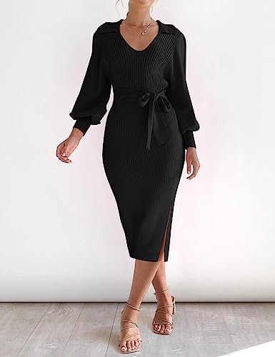 Chriselda Black Sweater Dress for Women Casual Long Sleeve V Neck Side Slit Knit Ribbed Midi Bodycon Dresses Winter Wedding Guest Dresses,Black, M