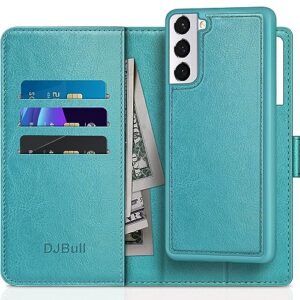 djbull 2-in-1 detachable for samsung galaxy s21 wallet case with credit card holder【rfid blocking】,flip folio book pu leather protective cover women men for samsung s21 phone case blue green