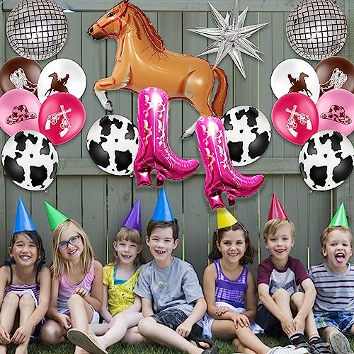 KARAQY Cowgirl Balloons Garland Kit, Hot Pink Boots Disco Ball Horse Foil Balloons for Bachelorette Party, Disco Party Birthday Baby Shower Bridal Shower Wedding Supplies