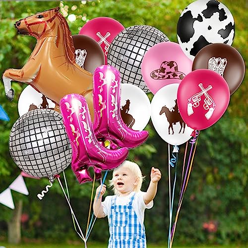 KARAQY Cowgirl Balloons Garland Kit, Hot Pink Boots Disco Ball Horse Foil Balloons for Bachelorette Party, Disco Party Birthday Baby Shower Bridal Shower Wedding Supplies