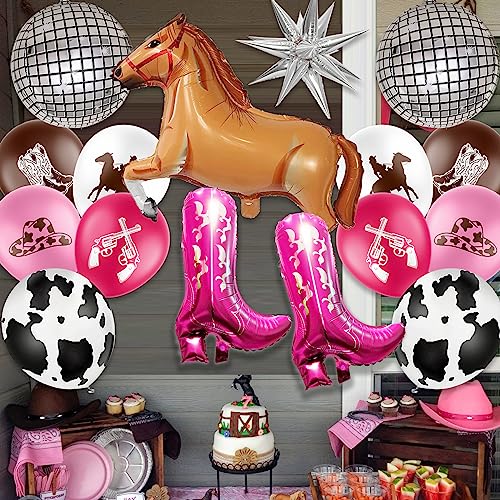 KARAQY Cowgirl Balloons Garland Kit, Hot Pink Boots Disco Ball Horse Foil Balloons for Bachelorette Party, Disco Party Birthday Baby Shower Bridal Shower Wedding Supplies