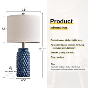 USumkky 20.5 inches Modern Ceramic Dark Blue Bedside Lamp Set of 2 for Bedroom Decor Farmhouse Table Lamp for Living Room Office Dorm