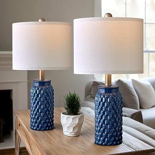 USumkky 20.5 inches Modern Ceramic Dark Blue Bedside Lamp Set of 2 for Bedroom Decor Farmhouse Table Lamp for Living Room Office Dorm