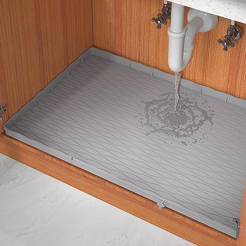 MHHA Under Sink Mat for Kitchen Waterproof, 34" × 22" Silicone Bathroom Sink Mat, under sink Liner drip tray and protectors for bottom of kitchen sink, Fits 36'' Stand Cabinets (Grey)