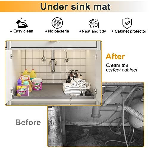 MHHA Under Sink Mat for Kitchen Waterproof, 34" × 22" Silicone Bathroom Sink Mat, under sink Liner drip tray and protectors for bottom of kitchen sink, Fits 36'' Stand Cabinets (Grey)