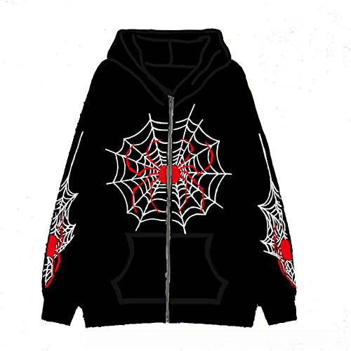 Amiblvowa Womens Men Rhinestone Spider Web Graphic Hoodies Y2k Full Zip Up Over Face Gothic Skull Oversized Jacket Streetwear