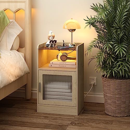 Small Nightstand with Power Outlet and LED Lights, Side End Table with Storage Cabinet, Modern Bedside Table for Bedroom, Living Room (Natural)