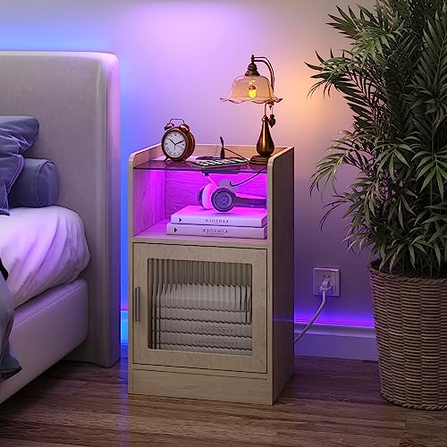 Small Nightstand with Power Outlet and LED Lights, Side End Table with Storage Cabinet, Modern Bedside Table for Bedroom, Living Room (Natural)