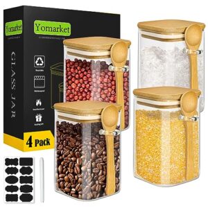 yomarket overnight oats containers with bamboo lids and spoons 24 oz glass containers with lids, square glass jars kitchen storage with labels for food, coffee, sugar, spice, flour, cereal, tea