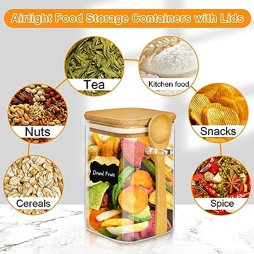 Yomarket Overnight Oats Containers with Bamboo Lids and Spoons 24 Oz Glass Containers with Lids, Square Glass Jars Kitchen Storage with Labels for Food, Coffee, Sugar, Spice, Flour, Cereal, Tea