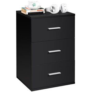 yaheetech wood nightstand, bedside table with 3 drawers, bedside cupboard with metal handles, small drawer cabinet unit with storage for bedroom/small space, black