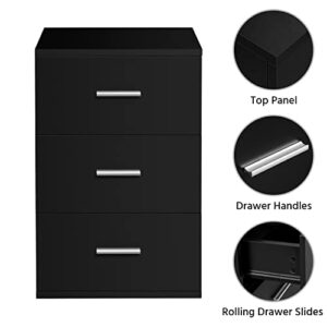 Yaheetech Wood Nightstand, Bedside Table with 3 Drawers, Bedside Cupboard with Metal Handles, Small Drawer Cabinet Unit with Storage for Bedroom/Small Space, Black