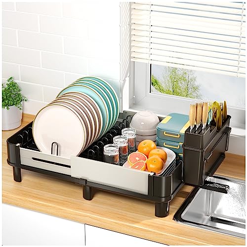 YKLSLH Expandable Dish Drying Rack Dish Racks for Kitchen Counter, Space Saving Dish Rack,12.6"-18.6" Expandable Drying Rack with Drainboard, Utensil Holder - Black