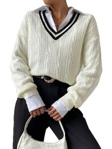verdusa women's v neck striped drop shoulder long sleeve sweater knit tops pullover white medium
