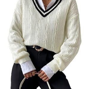 Verdusa Women's V Neck Striped Drop Shoulder Long Sleeve Sweater Knit Tops Pullover White Medium