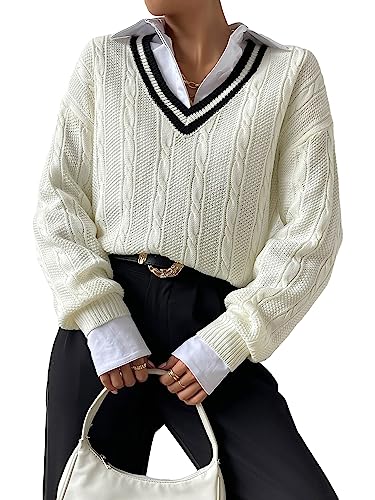 Verdusa Women's V Neck Striped Drop Shoulder Long Sleeve Sweater Knit Tops Pullover White Medium