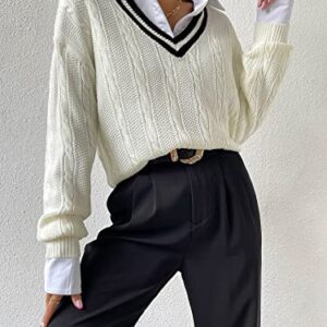 Verdusa Women's V Neck Striped Drop Shoulder Long Sleeve Sweater Knit Tops Pullover White Medium