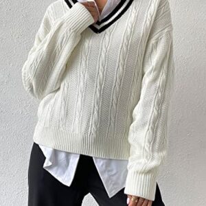 Verdusa Women's V Neck Striped Drop Shoulder Long Sleeve Sweater Knit Tops Pullover White Medium