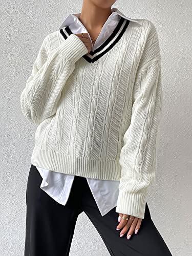 Verdusa Women's V Neck Striped Drop Shoulder Long Sleeve Sweater Knit Tops Pullover White Medium