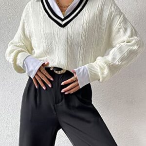 Verdusa Women's V Neck Striped Drop Shoulder Long Sleeve Sweater Knit Tops Pullover White Medium