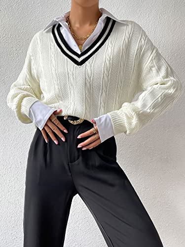 Verdusa Women's V Neck Striped Drop Shoulder Long Sleeve Sweater Knit Tops Pullover White Medium