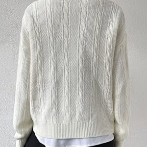 Verdusa Women's V Neck Striped Drop Shoulder Long Sleeve Sweater Knit Tops Pullover White Medium